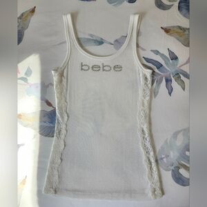 BEBE White Ribbed Tank with Rhinestone Logo And Lace Side Panels